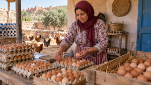بيض بلدي مجموع ومرتب للبيع داخل مشروع صغير في المغرب