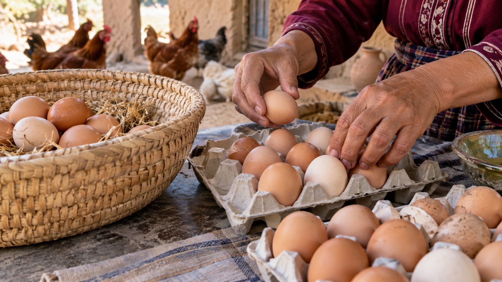 جمع وفرز البيض البلدي داخل مشروع صغير