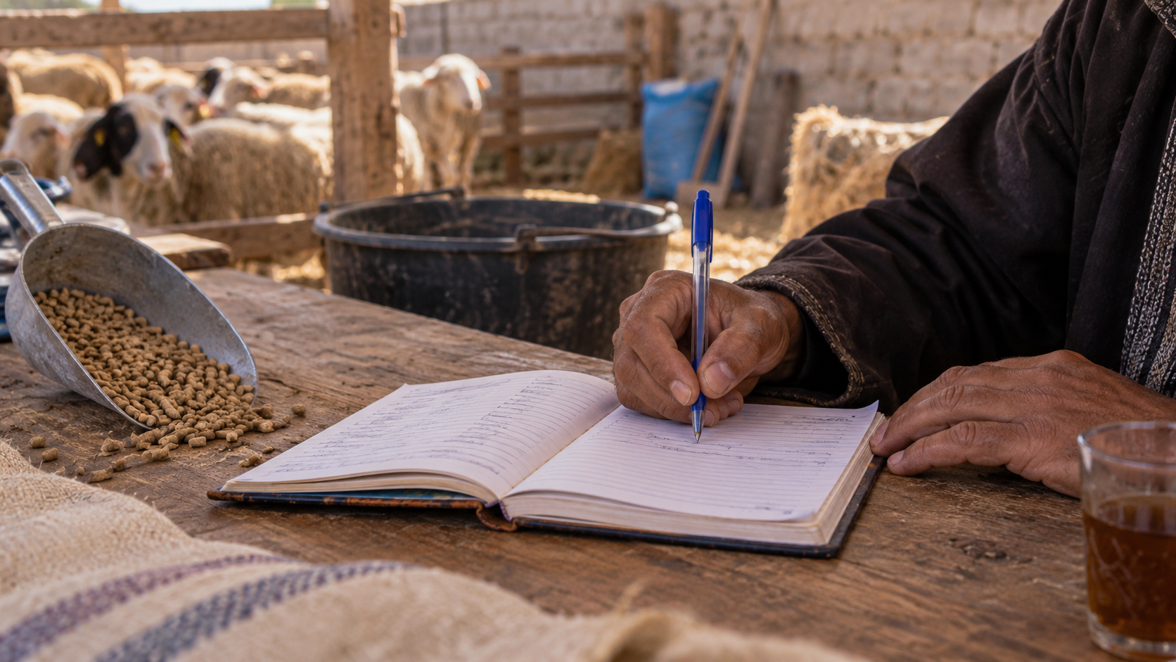 مربي يسجل المصاريف اليومية في دفتر مشروع تربية الدواجن