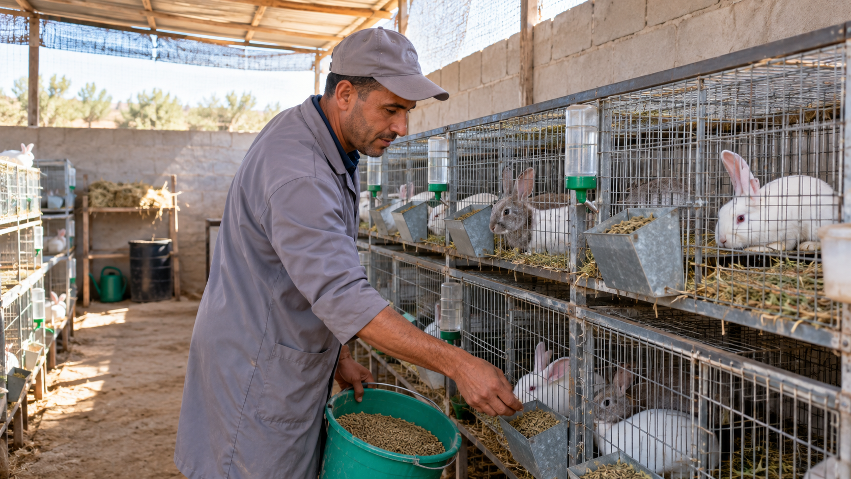 مربي يعتني بالأرانب ويقدم لها العلف داخل مشروع صغير