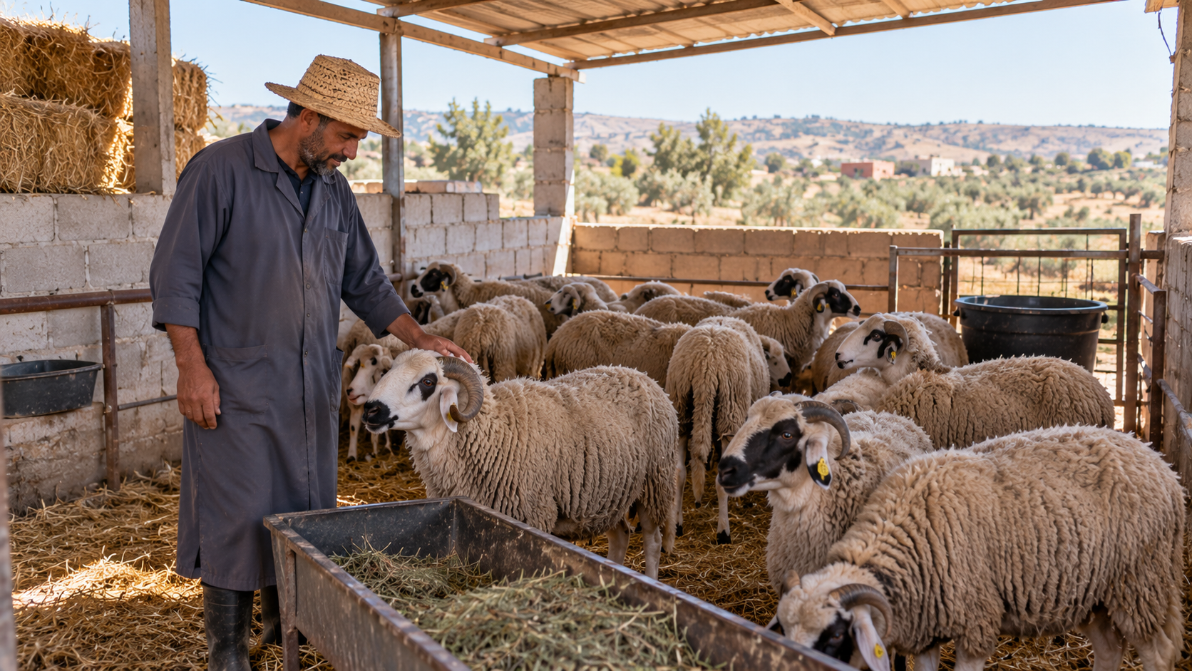 مربي يقدم العلف للأغنام داخل مشروع صغير