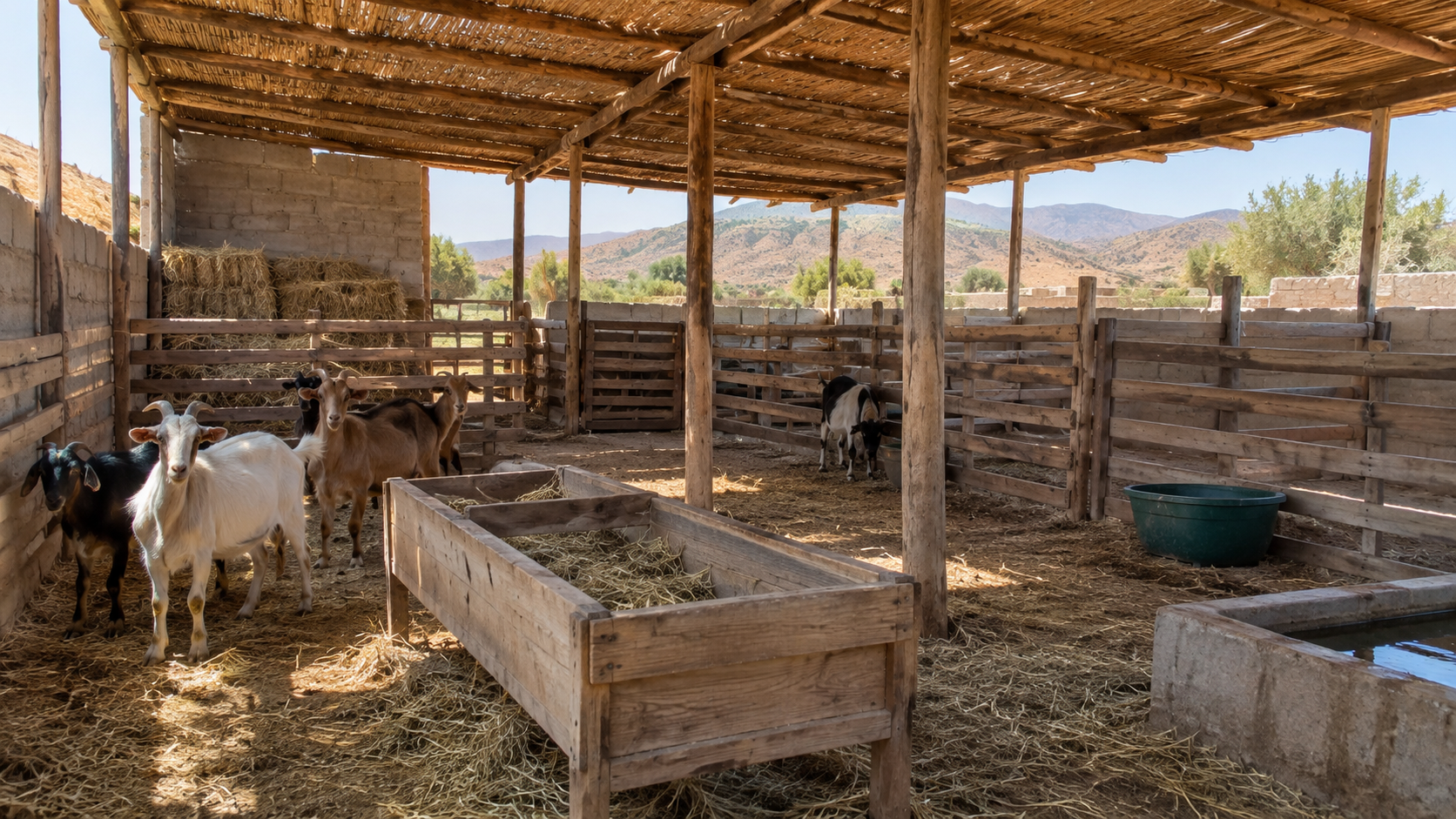 مأوى بسيط ومنظم لتربية الماعز مع تجهيزات أساسية