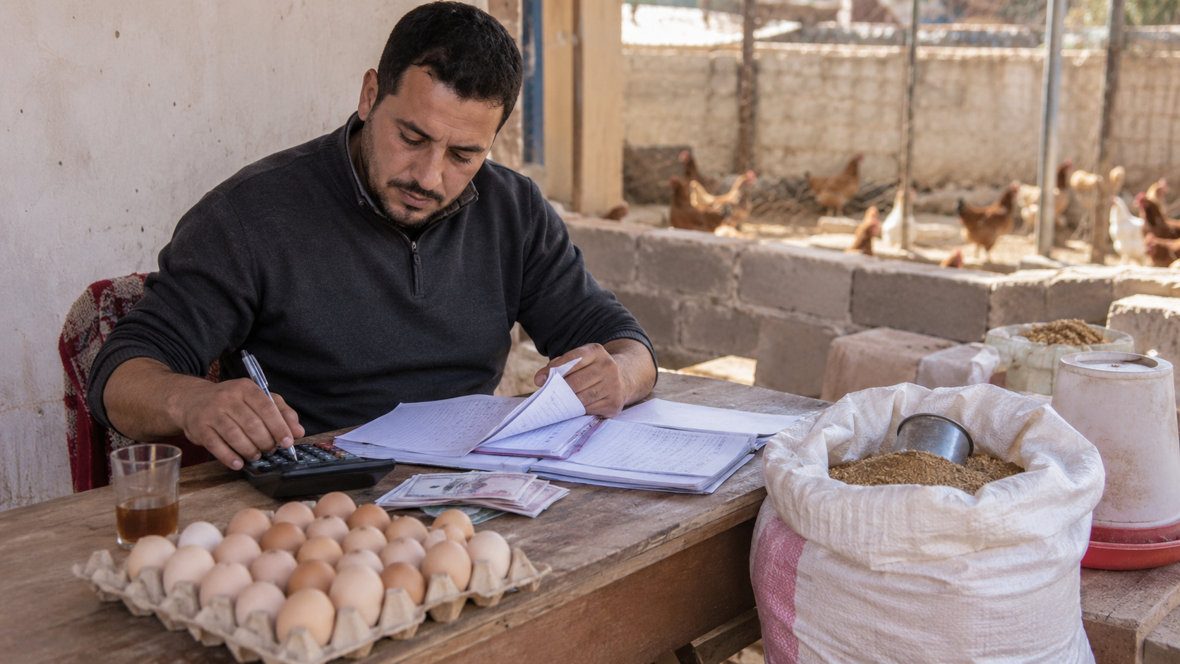 نقد موجود في مشروع صغير مع دفتر حسابات للمبيعات والمصاريف