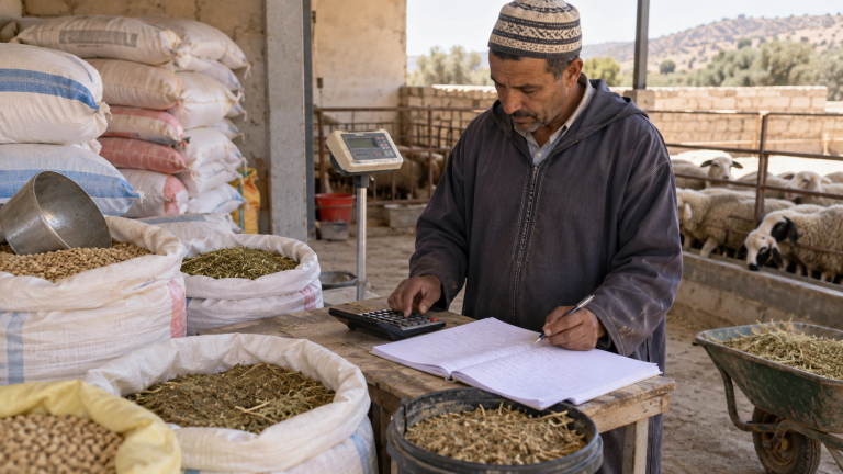 حساب تكلفة العلف في مشروع تربية صغير باستخدام ميزان ودفتر