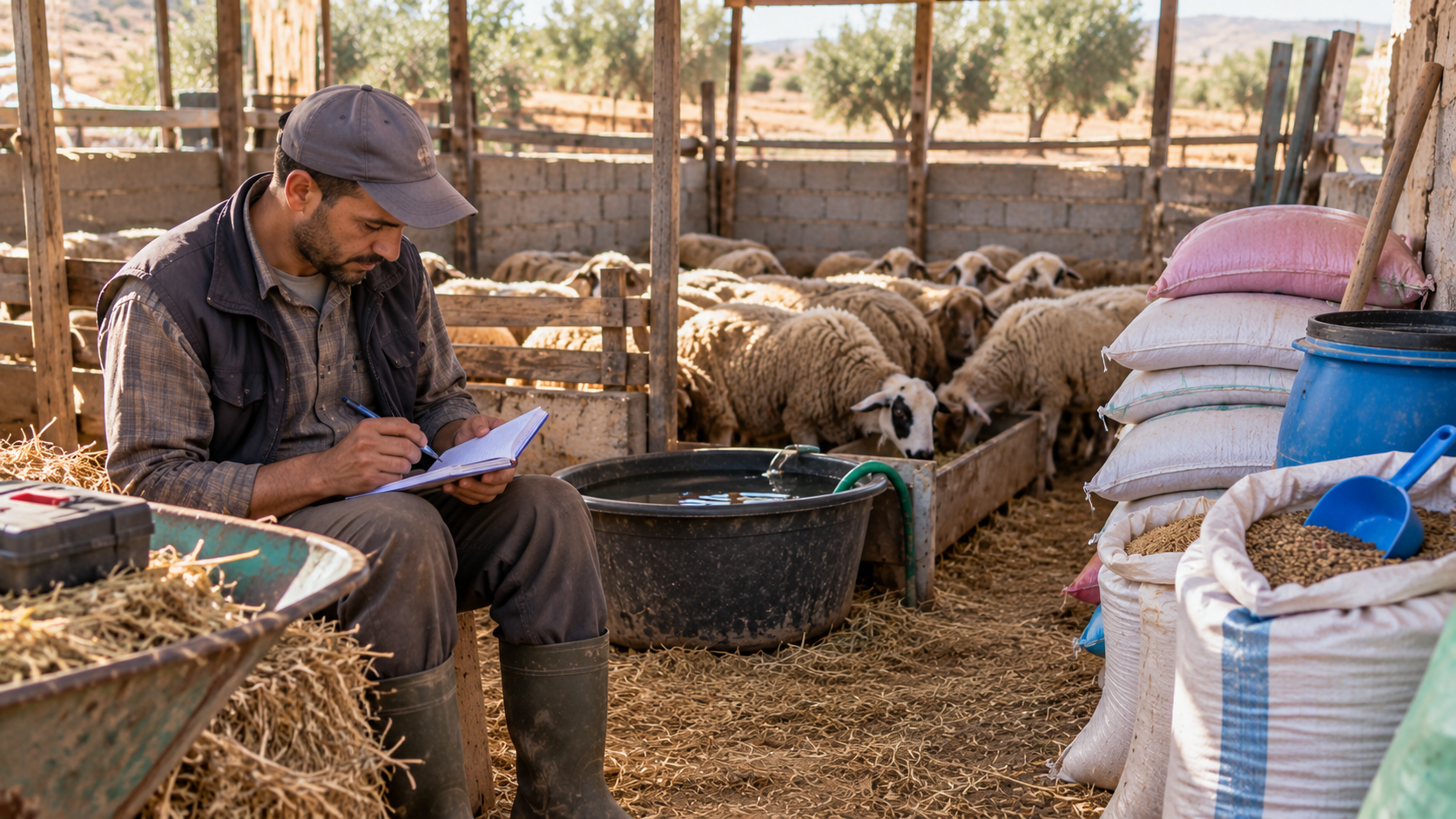 مربي يسجل المصاريف في دفتر قرب أكياس العلف ومستلزمات تربية الحيوانات