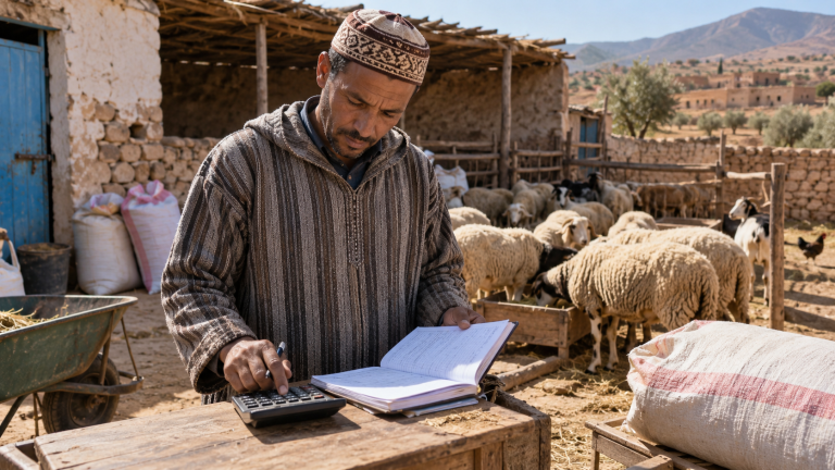مربي حيوانات يراجع دفتر المصاريف والمبيعات قرب الحظيرة لمعرفة نقطة تغطية التكاليف