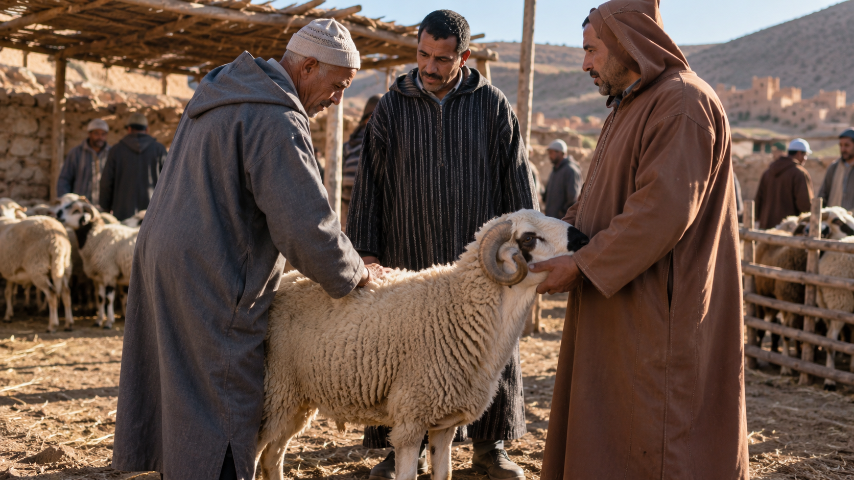 مربي يتعامل مع مشترٍ عند بيع حيوان في مشروع تربية صغير مع التركيز على عملية البيع الفعلية
