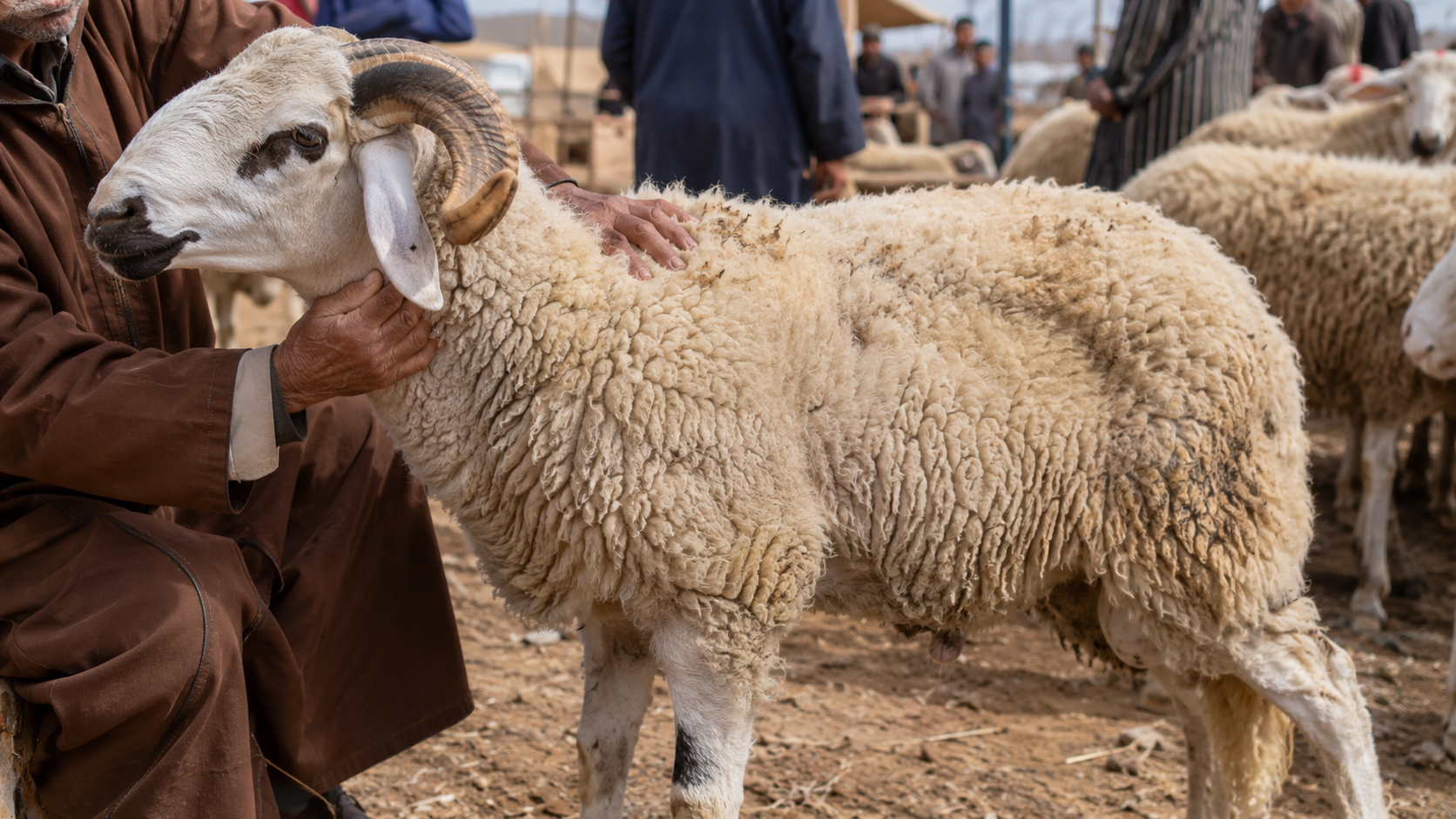 مشتري يفحص الحالة العامة لخروف قبل الشراء
