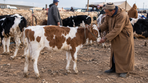 مربي يفحص عجلًا من الجانب قبل شرائه للتسمين ويراقب الوقوف والحركة وبنية الجسم