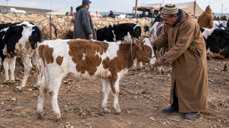 مربي يفحص عجلًا من الجانب قبل شرائه للتسمين ويراقب الوقوف والحركة وبنية الجسم
