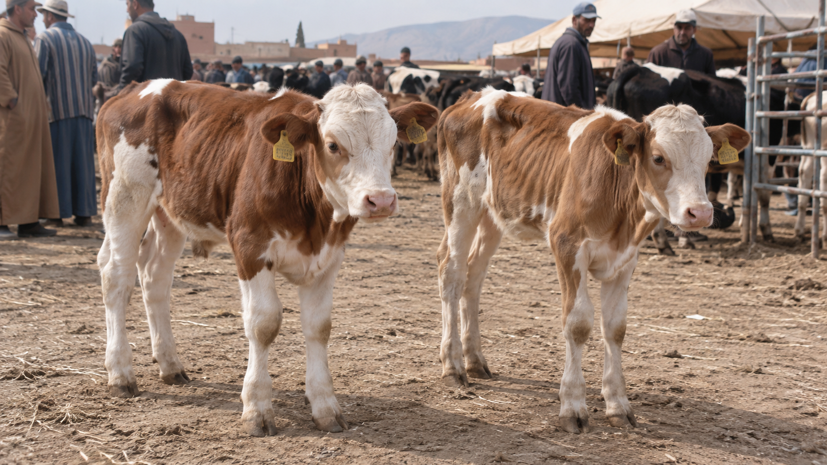 عجلان يقفان جنبًا إلى جنب ببنية جسم مختلفة لمقارنة الحالة العامة قبل الشراء للتسمين