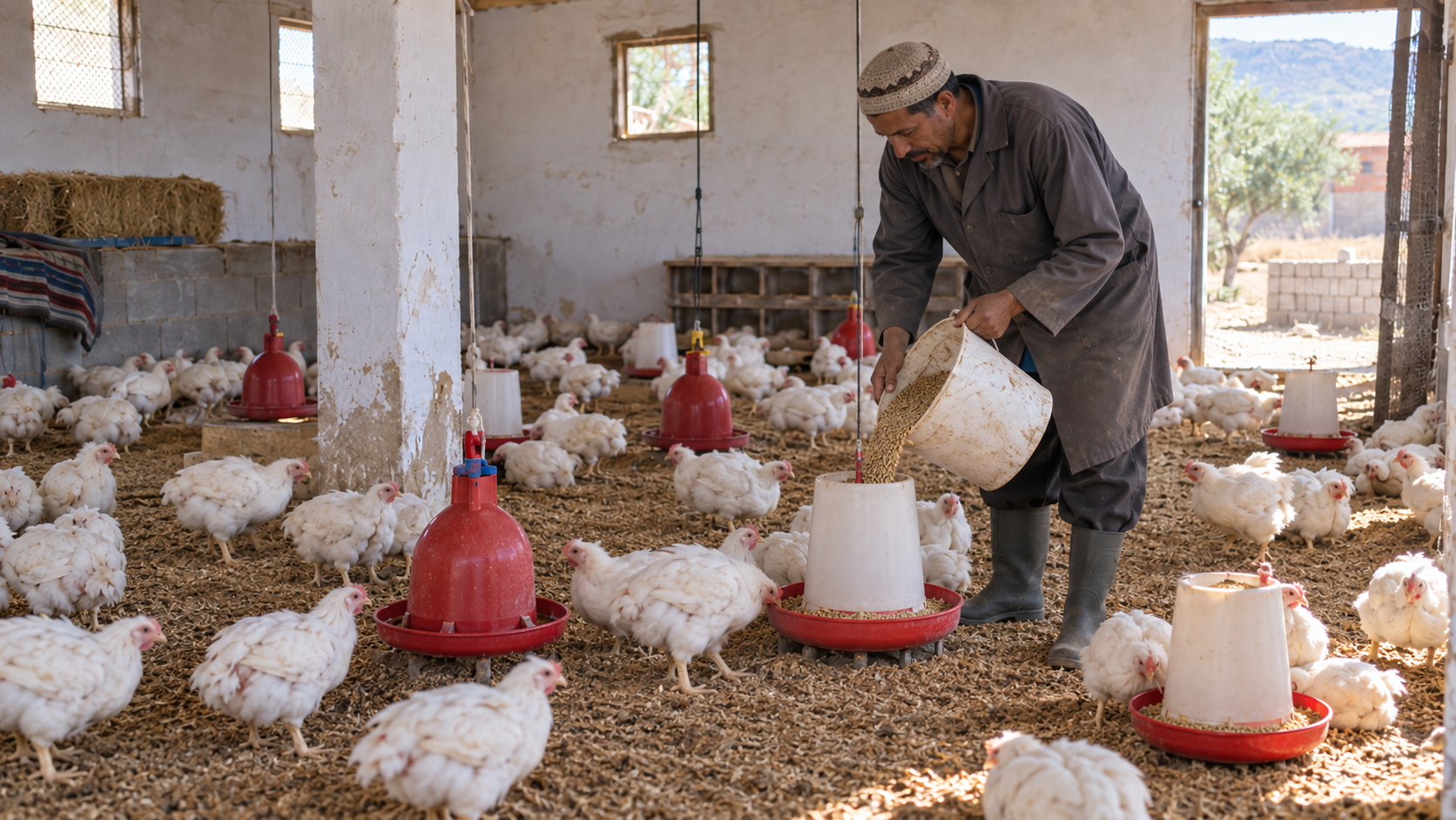 معالف ومشارب دجاج التسمين داخل مشروع صغير