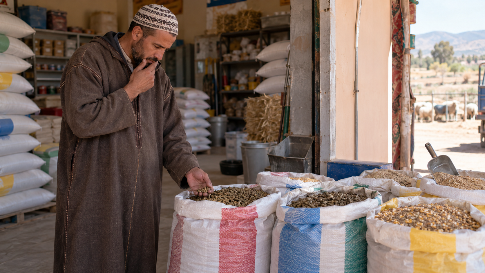 عدة أكياس علف مختلفة ومربي يقارن بينها قبل الشراء لمشروع تربية الحيوانات