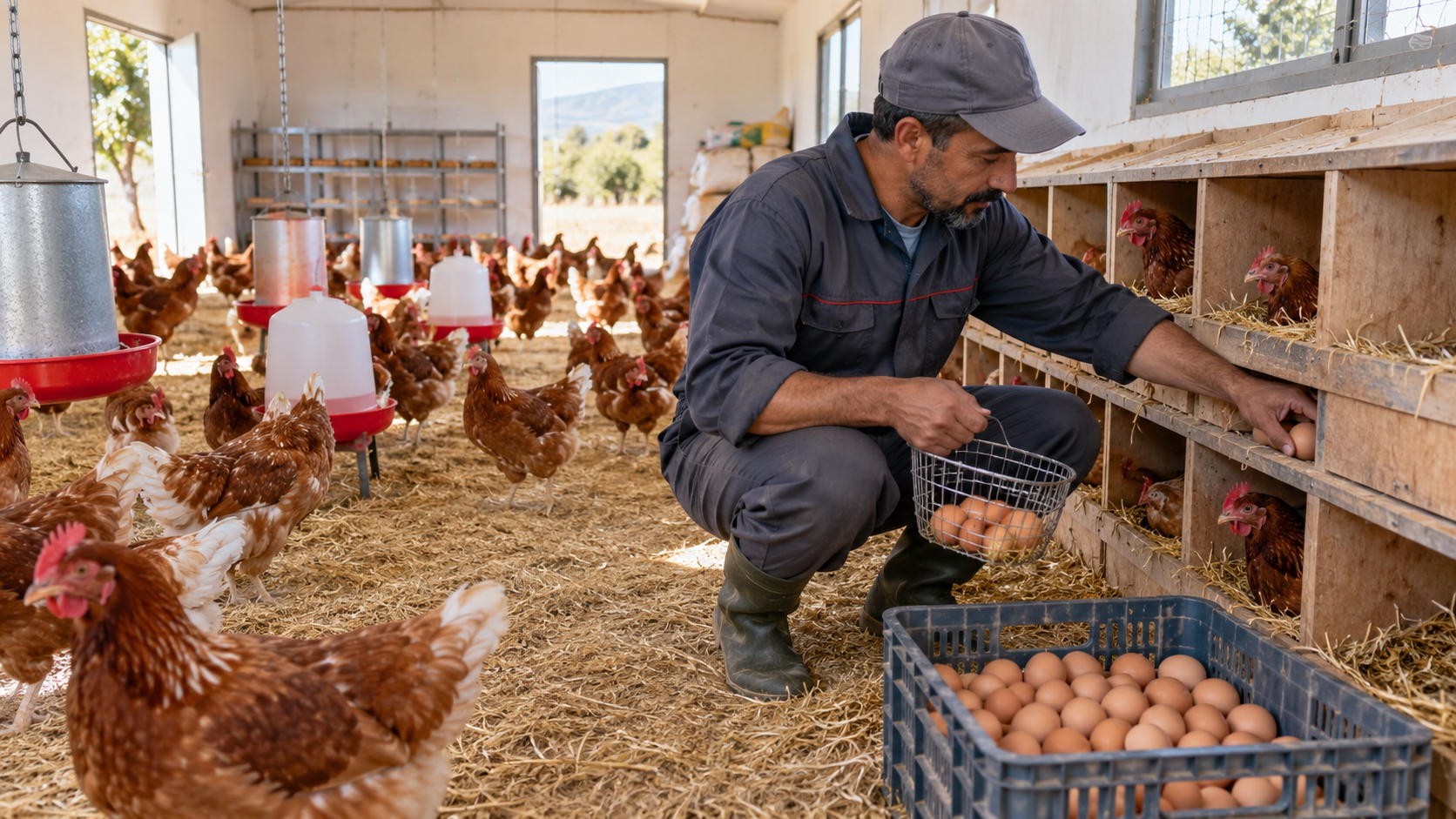 جمع البيض من أعشاش الدجاج البياض داخل مشروع صغير